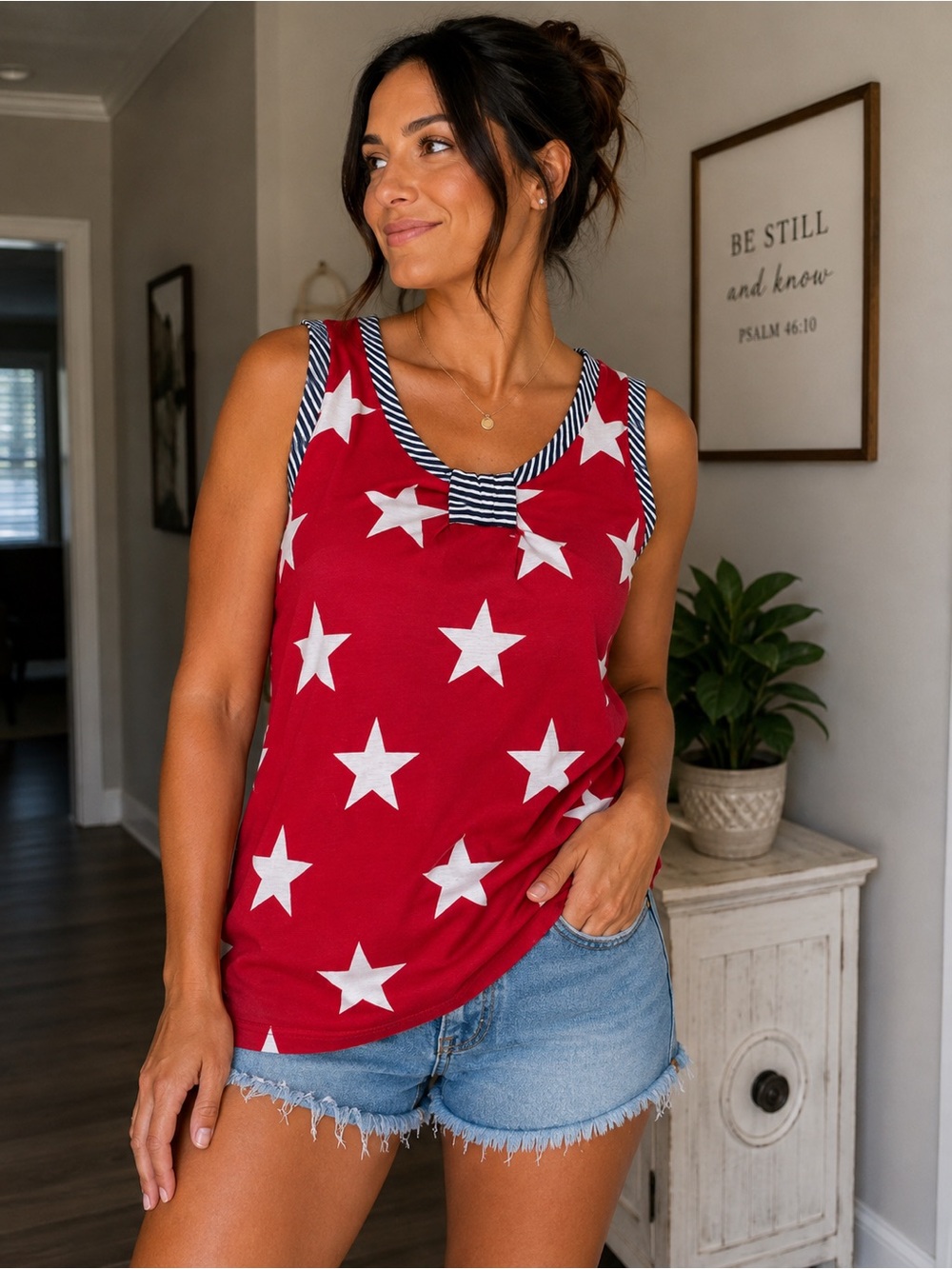 Sew In Love Red Tank Top with White Star Print